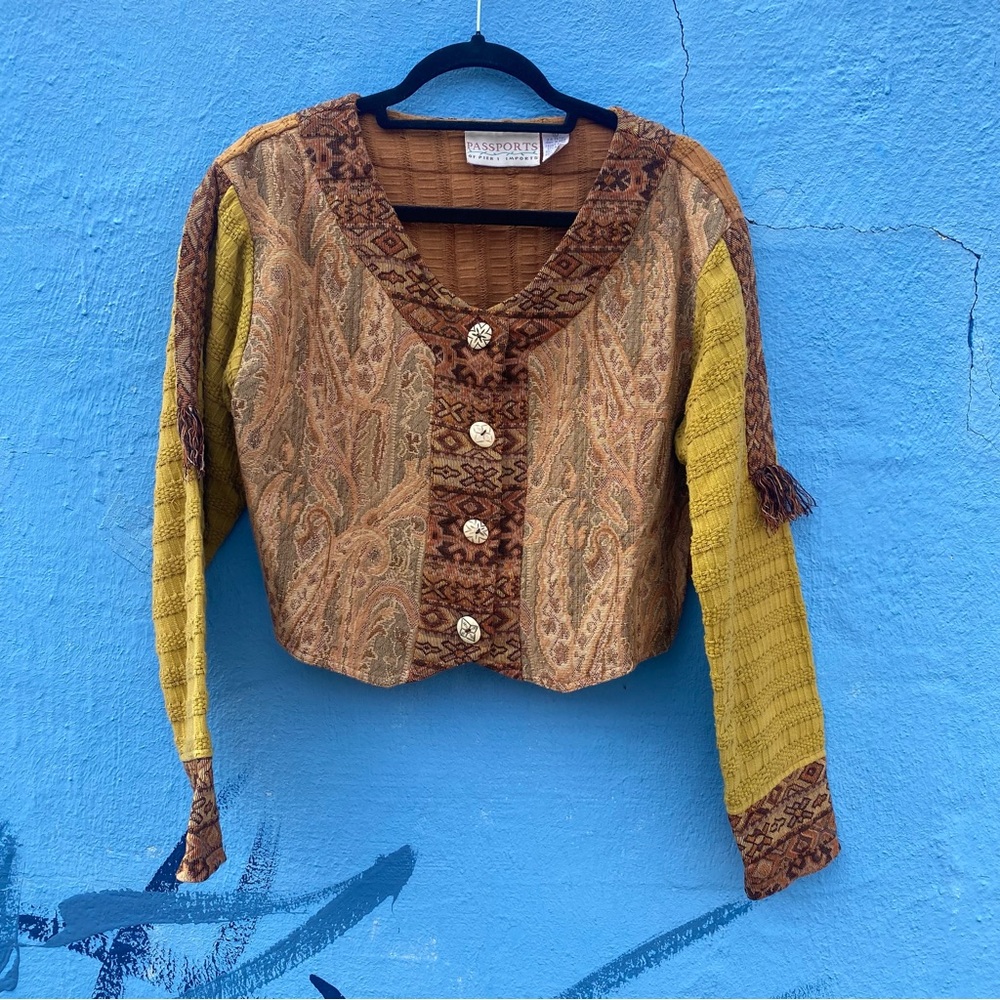 Vintage 90sY2K Passports bolero cropped tapestry jacket mixed pattern earthtones
